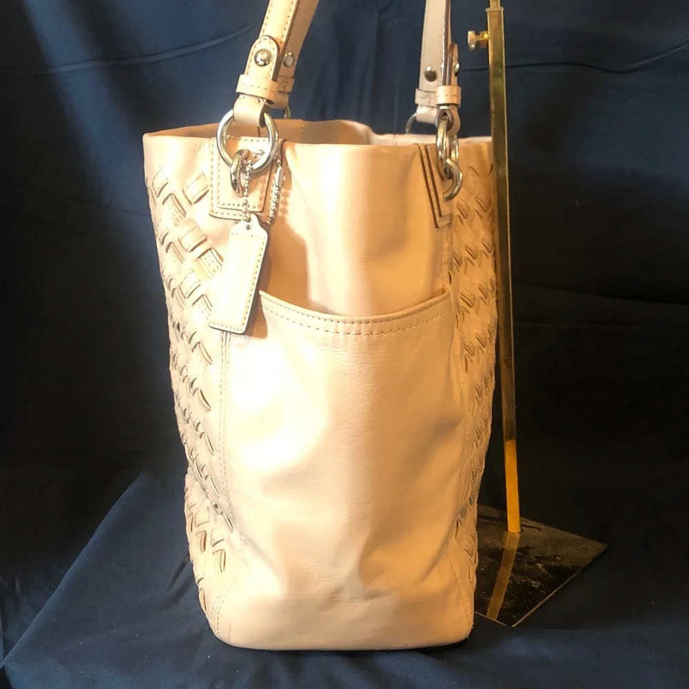 Coach woven leather tote bag EUC 12” x 12” palest pink tan color Rare